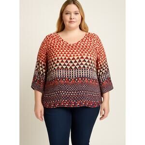 Lucky Brand top blouse Boho print triangle pattern top 3/4 sleeve tribal SZ 1X